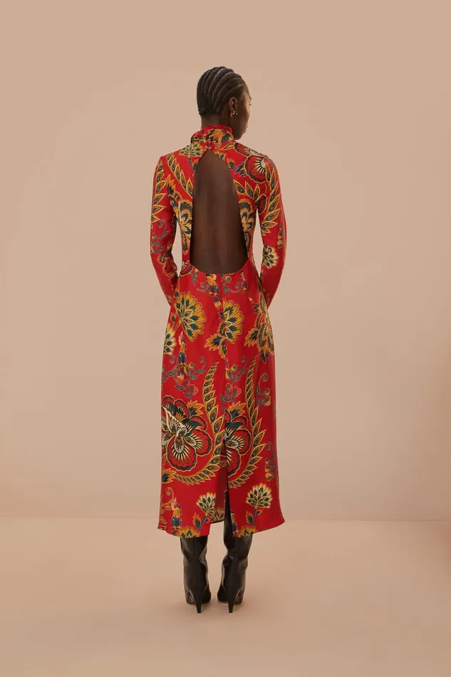 Women Midi Dresses Farm Rio Red Maxi Floral Cutout Lenzing Ecovero Viscose Midi Dress
