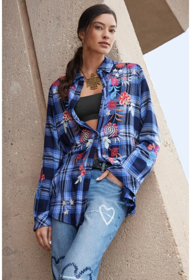 Women Mika Painters Smock Tunic Plaid Johnny Was Tops