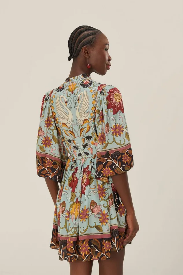 Women Mini Dresses Farm Rio Blue Flowing Beauty Short Sleeve Mini Dress