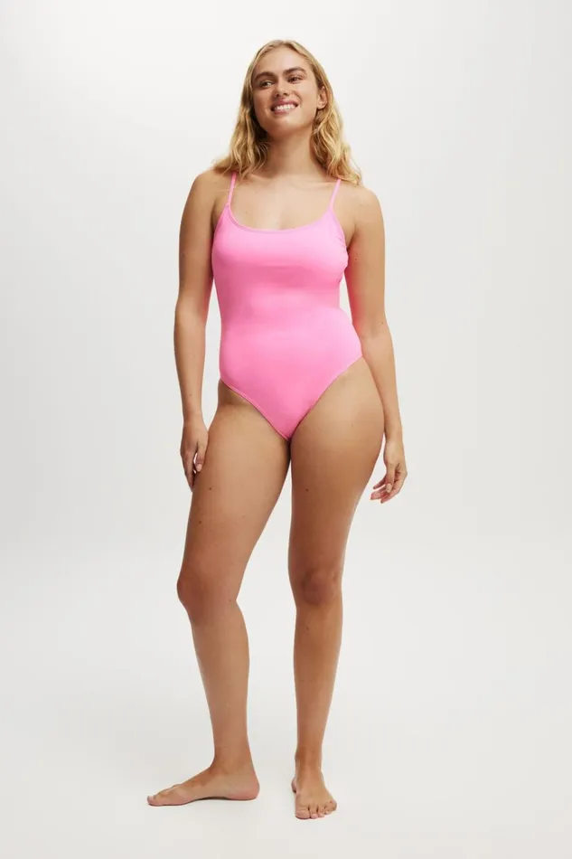 Women One Piece Swimsuits Cotton On Thin Strap Low Scoop One Piece Cheeky Neon Pink Women One Piece Swimsuits Cotton On Thin Strap Low Scoop One Piece Cheeky Neon Pink