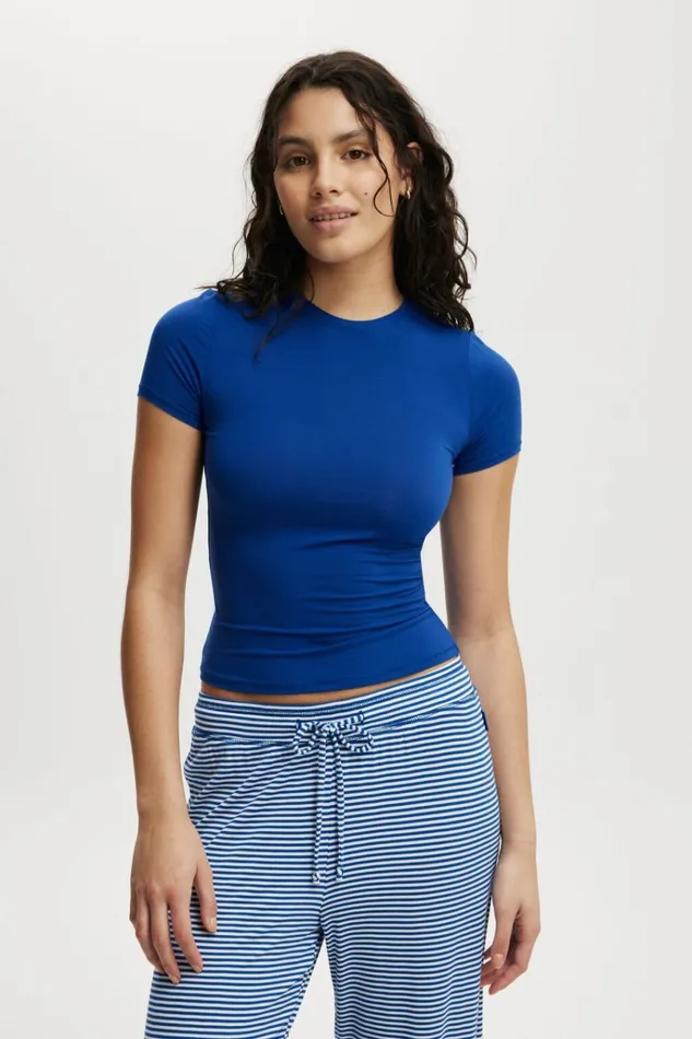 Women Pajamas Cotton On Soft Lounge Fitted TShirt Bonjour Blue