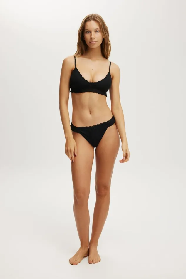 Women Panties Cotton On Organic Cotton Ruffle G String Brief Black Pointelle