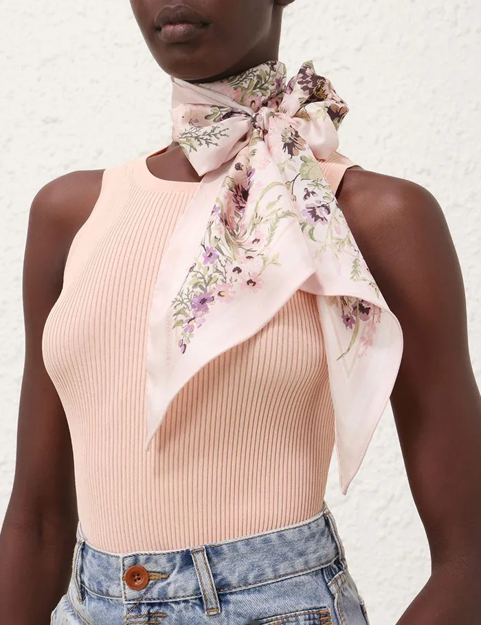 Women Scarves Zimmermann Printed Silk Neck Scarf Cream Multi Floral