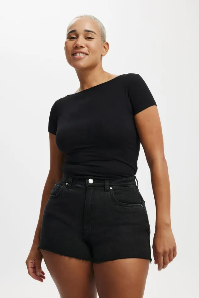 Women Shorts Cotton On Curvy High Mom Denim Short Graphite Black