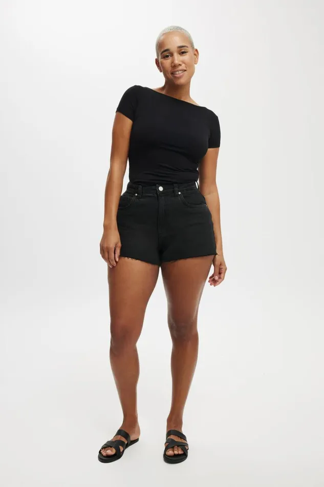 Women Shorts Cotton On Curvy High Mom Denim Short Graphite Black