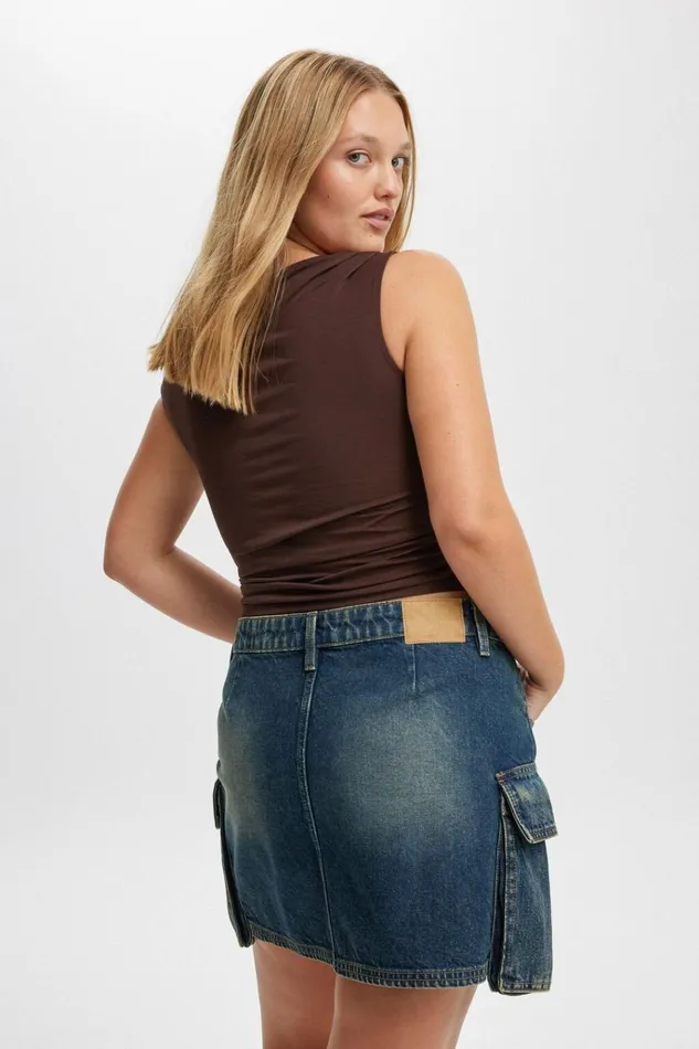 Women Skirts Cotton On Cargo Denim Mini Skirt Rust Blue