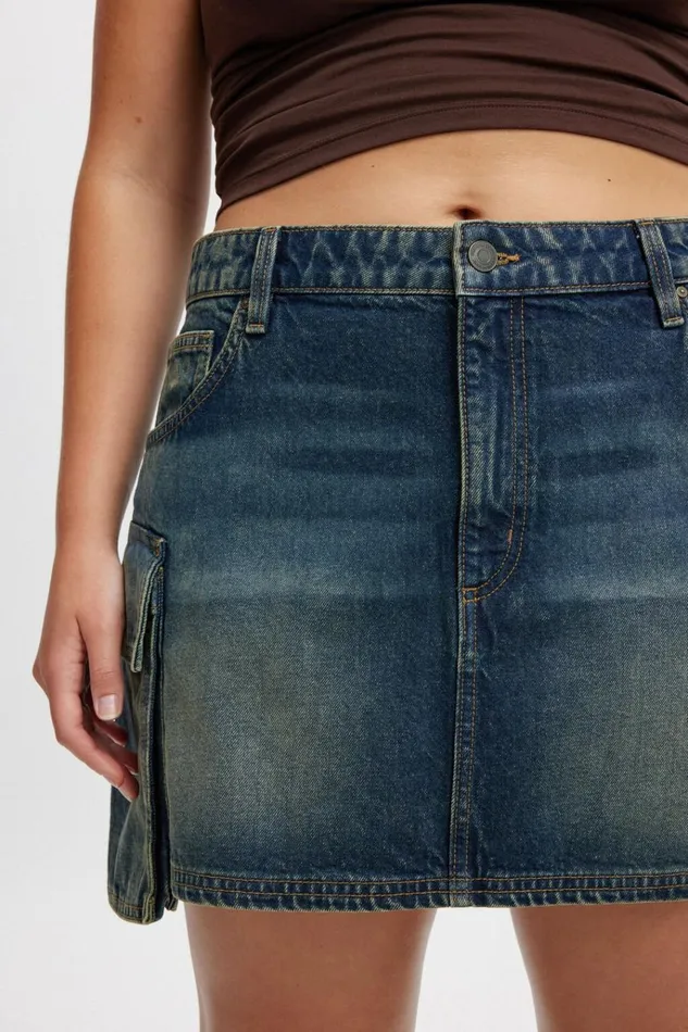 Women Skirts Cotton On Cargo Denim Mini Skirt Rust Blue