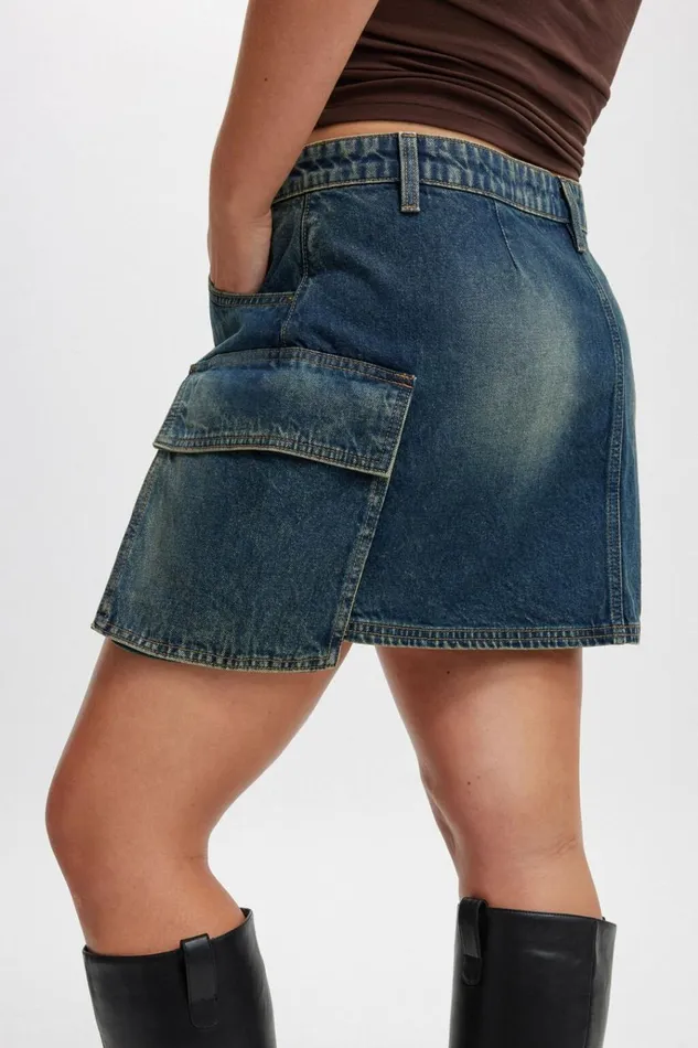 Women Skirts Cotton On Cargo Denim Mini Skirt Rust Blue