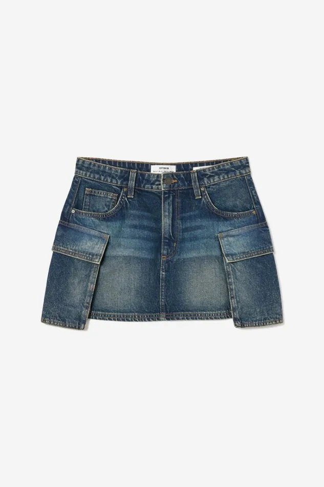 Women Skirts Cotton On Cargo Denim Mini Skirt Rust Blue