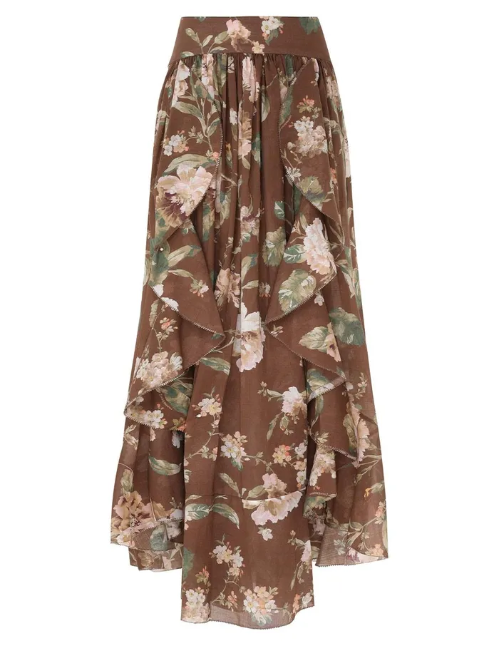 Women Skirts Zimmermann Acacia Ruffle Maxi Skirt Chocolate Floral