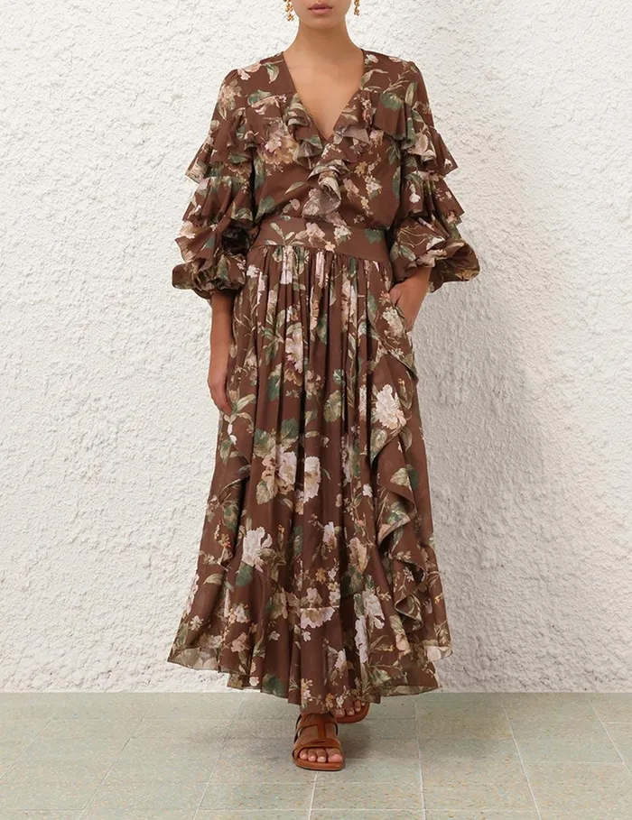Women Skirts Zimmermann Acacia Ruffle Maxi Skirt Chocolate Floral