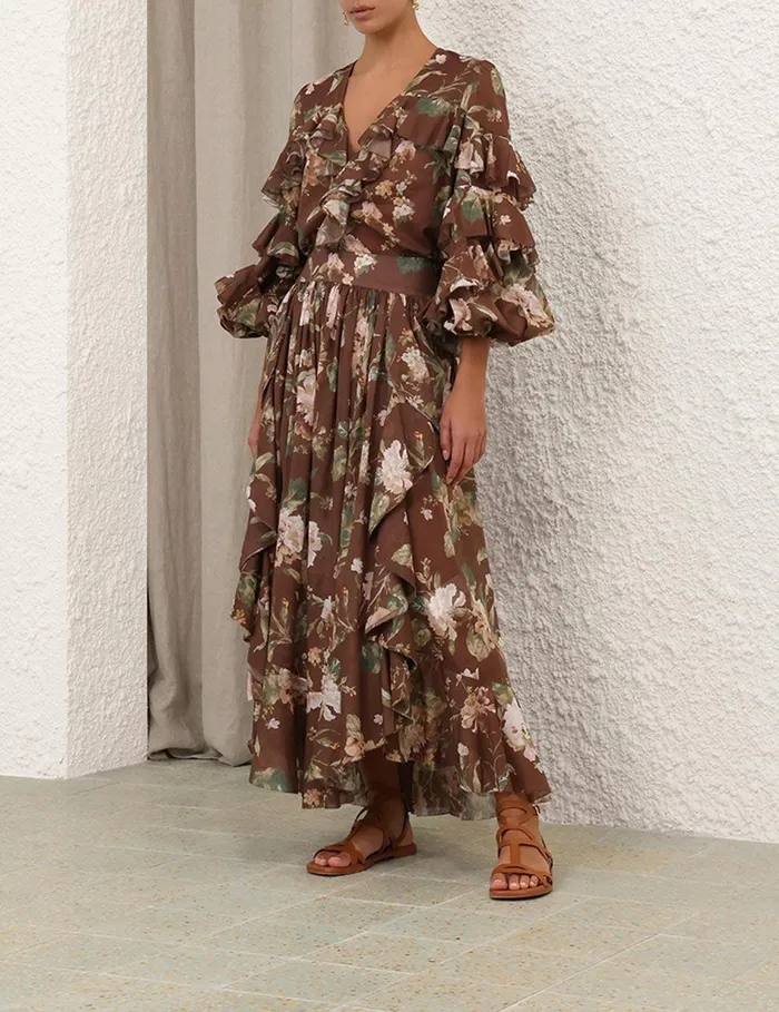 Women Skirts Zimmermann Acacia Ruffle Maxi Skirt Chocolate Floral