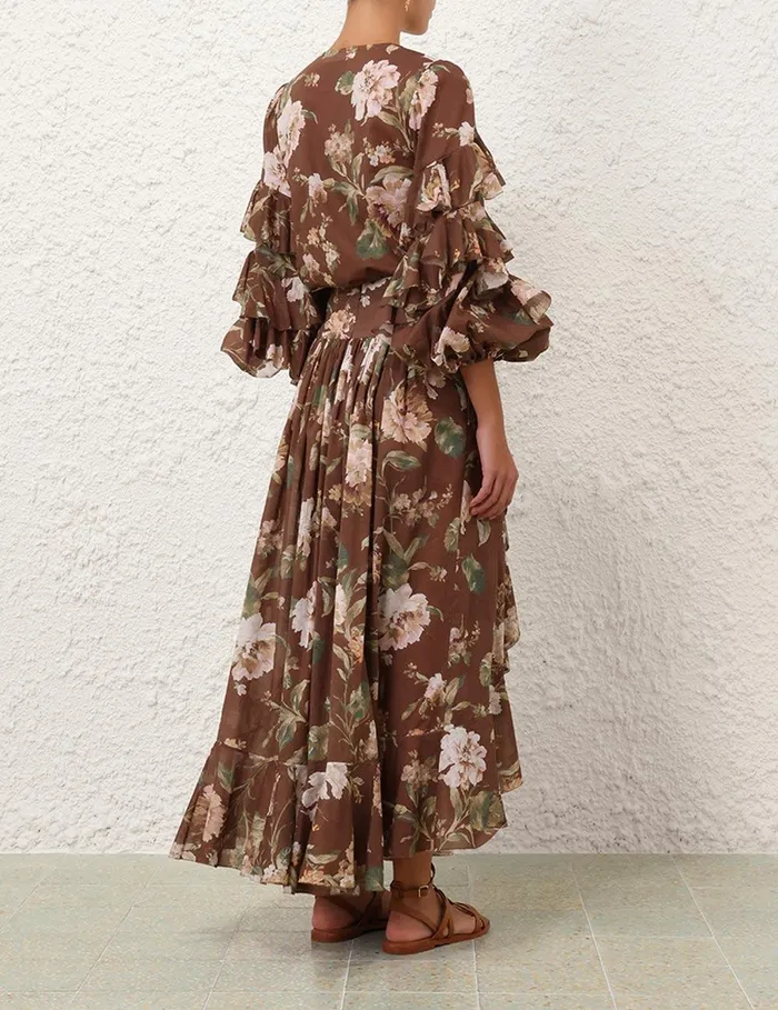 Women Skirts Zimmermann Acacia Ruffle Maxi Skirt Chocolate Floral