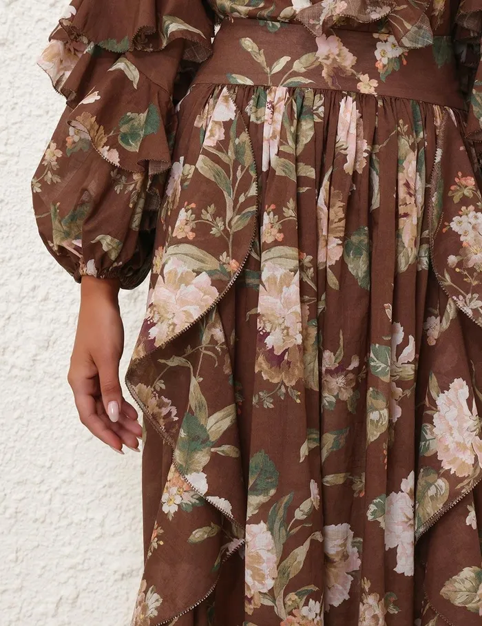 Women Skirts Zimmermann Acacia Ruffle Maxi Skirt Chocolate Floral