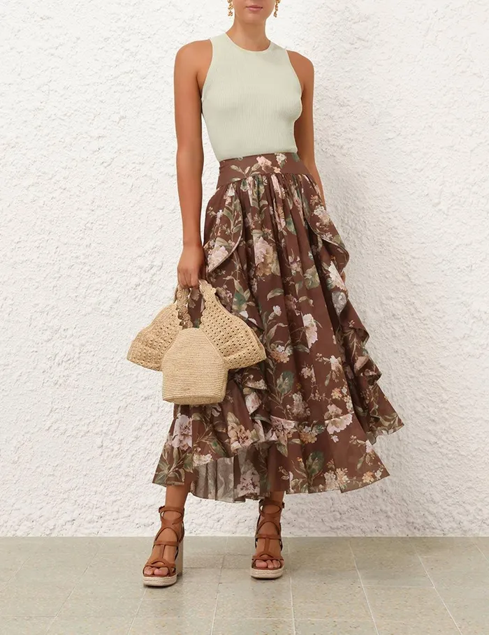 Women Skirts Zimmermann Acacia Ruffle Maxi Skirt Chocolate Floral