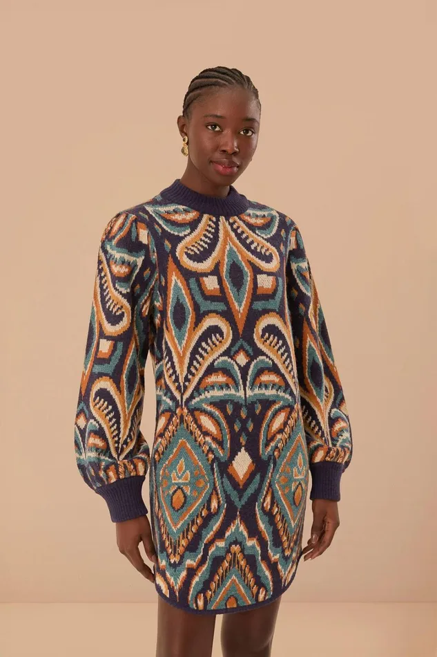 Women Sweaters and Sweatshirts Farm Rio Blue Pineapple Ikat Sweater Dress