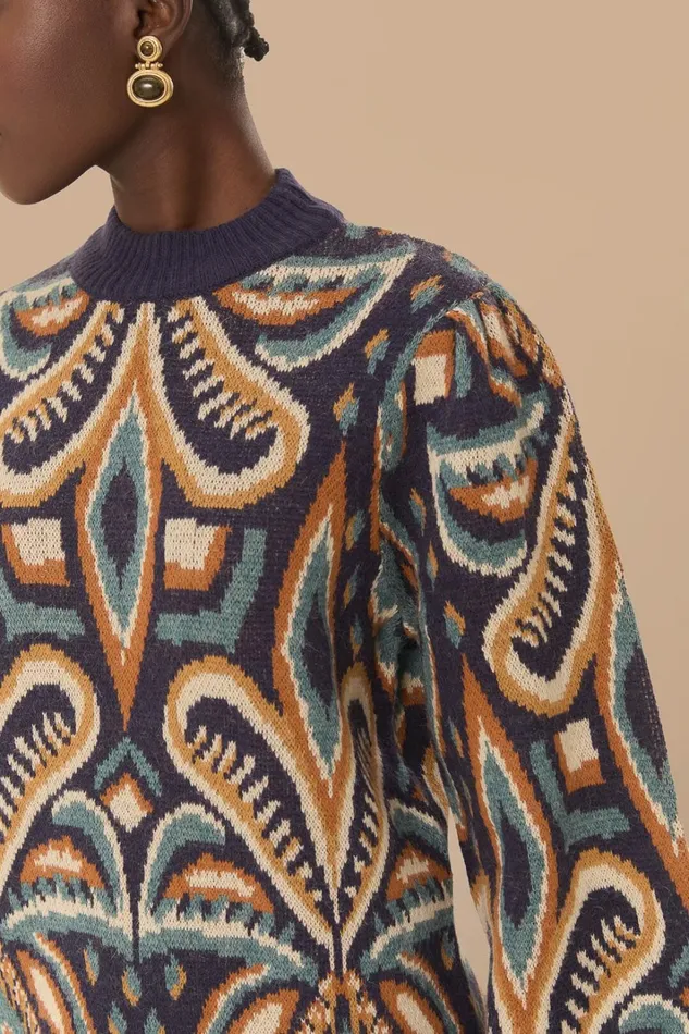 Women Sweaters and Sweatshirts Farm Rio Blue Pineapple Ikat Sweater Dress