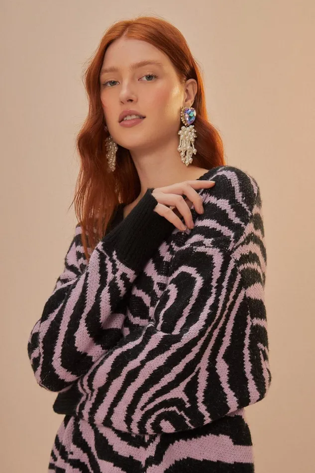 Women Sweaters and Sweatshirts Farm Rio Zebra Skin Knit Sweater