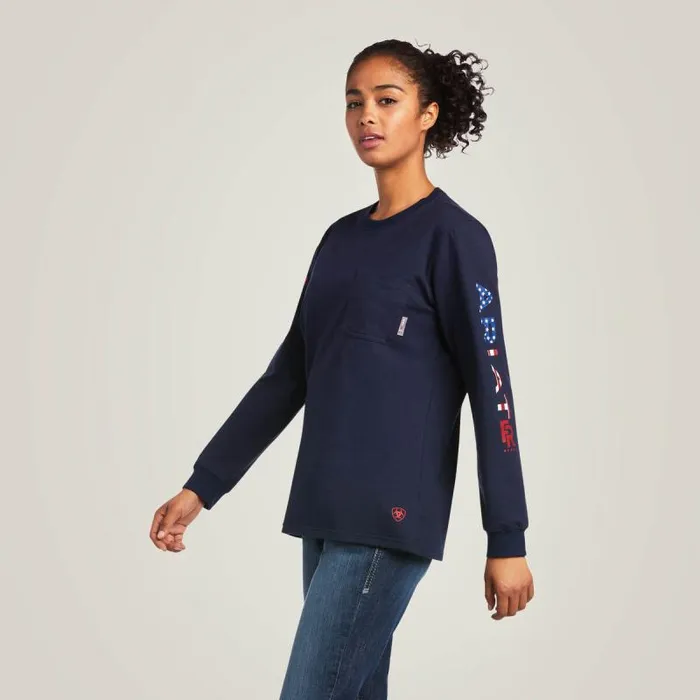 Women TShirts and Tops Ariat FR Stretch Logo TShirt Navyusa