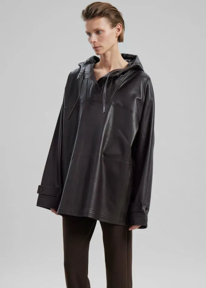 Women The Frankie Shop Kevin Leather Hooded Overshirt 8211 Brown Brown