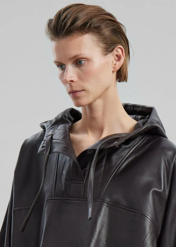 Women The Frankie Shop Kevin Leather Hooded Overshirt 8211 Brown Brown