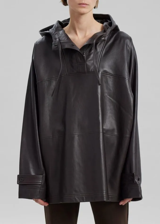 Women The Frankie Shop Kevin Leather Hooded Overshirt 8211 Brown Brown