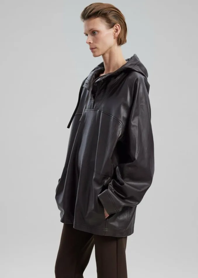 Women The Frankie Shop Kevin Leather Hooded Overshirt 8211 Brown Brown