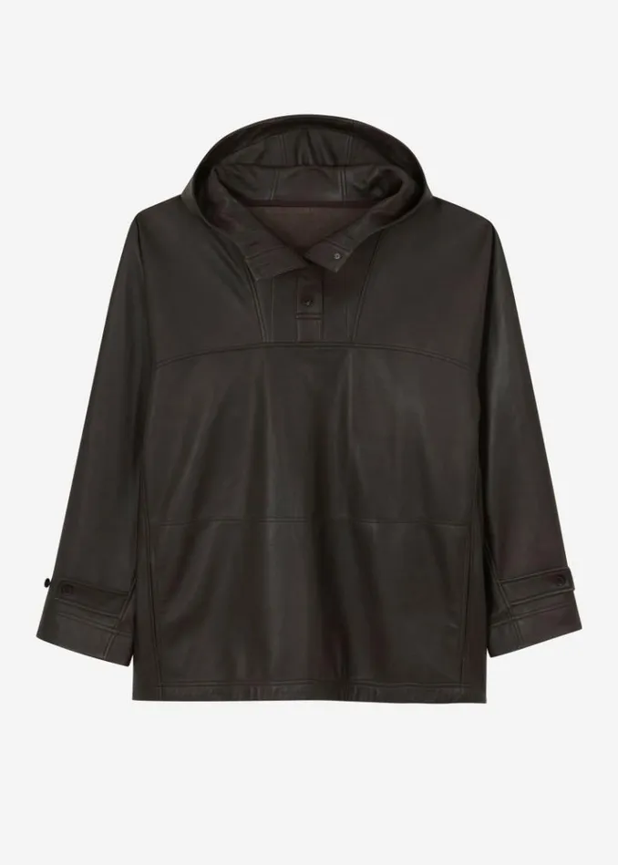 Women The Frankie Shop Kevin Leather Hooded Overshirt 8211 Brown Brown