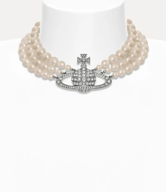 Women Three Row Pearl Bas Relief Choker Platinumpearlcrystal Vivienne Westwood Necklaces Women Three Row Pearl Bas Relief Choker Platinumpearlcrystal Vivienne Westwood Necklaces
