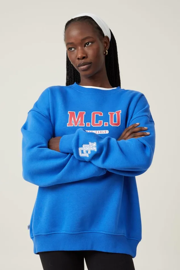 Women Tops Cotton On Classic Fleece Graphic Crew Sweatshirt Mcu Pacific Blue