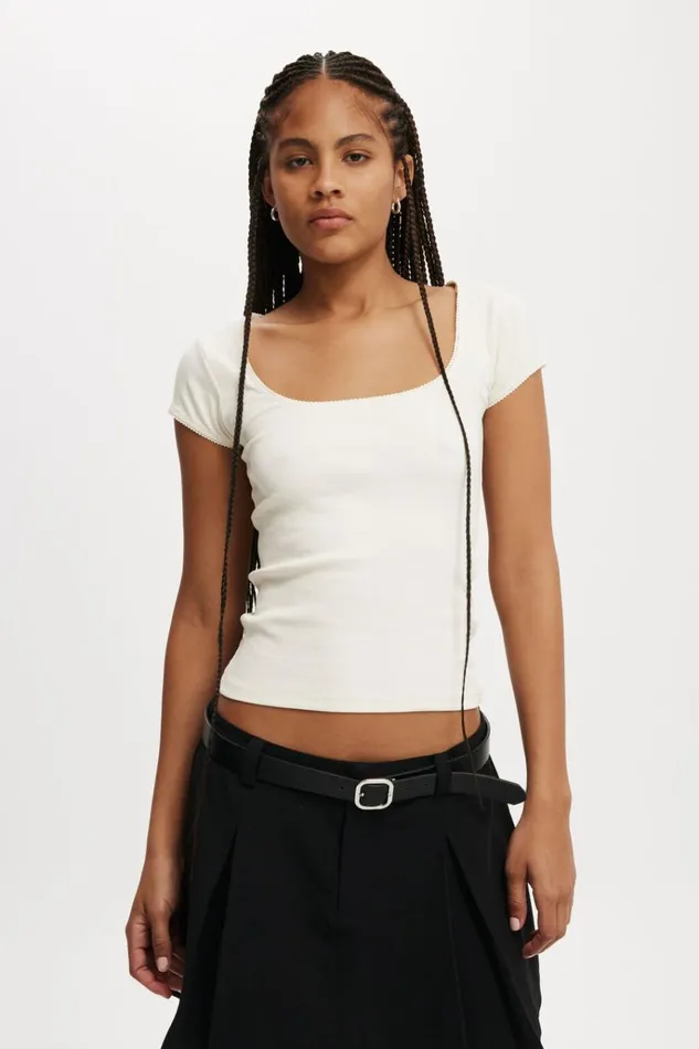 Women Tops Cotton On Lou Square Neck Short Sleeve Natural White
