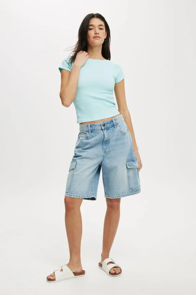 Women Tops Cotton On Mia Low Back Short Sleeve Top Sea Spray
