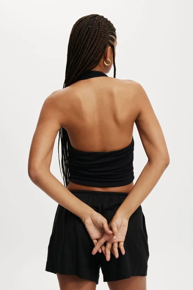 Women Tops Cotton On Staple Rib Rouched Halter Top Black