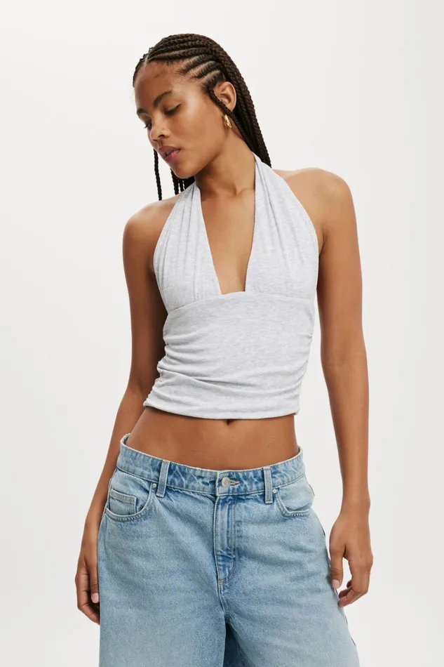 Women Tops Cotton On Staple Rib Rouched Halter Top Grey Marle