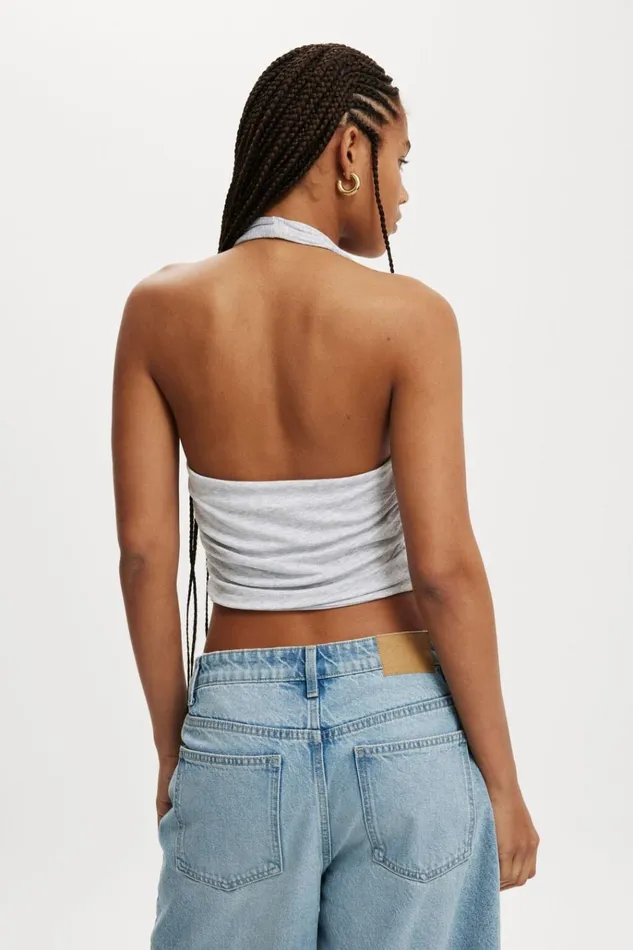 Women Tops Cotton On Staple Rib Rouched Halter Top Grey Marle