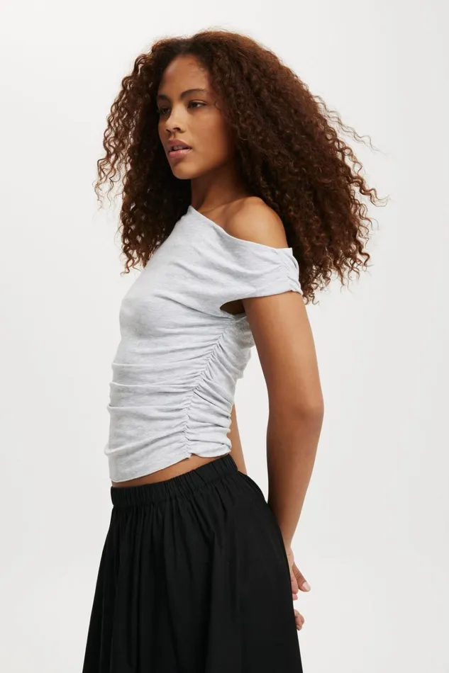 Women Tops Cotton On Staple Rib Rouched Short Sleeve Top Grey Marle