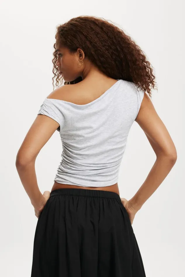 Women Tops Cotton On Staple Rib Rouched Short Sleeve Top Grey Marle