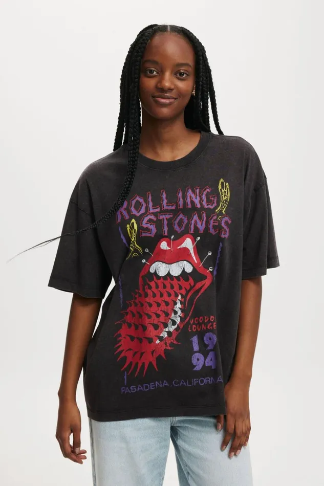 Women Tops Cotton On The Lcn Boxy Graphic Tee Lcn Br Rolling Stones Voodoo Washed Black
