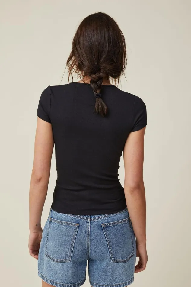 Women Tops Cotton On The One Organic Rib Crew Short Sleeve Tee Black