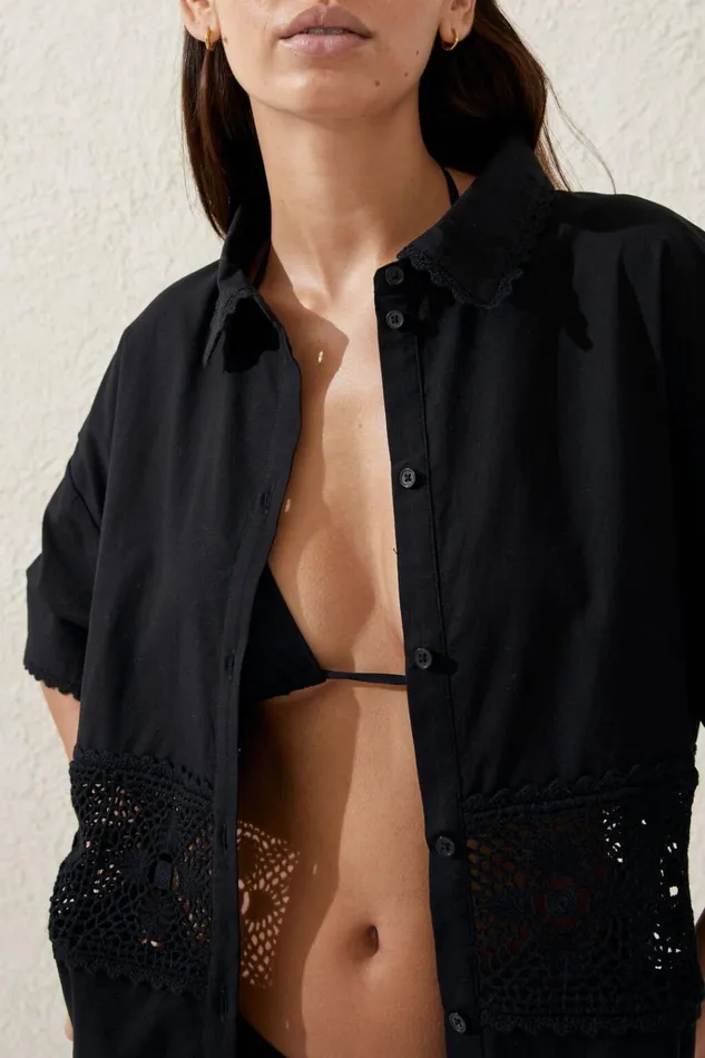 Women Tops Cotton On The Vacation Beach Shirt Black