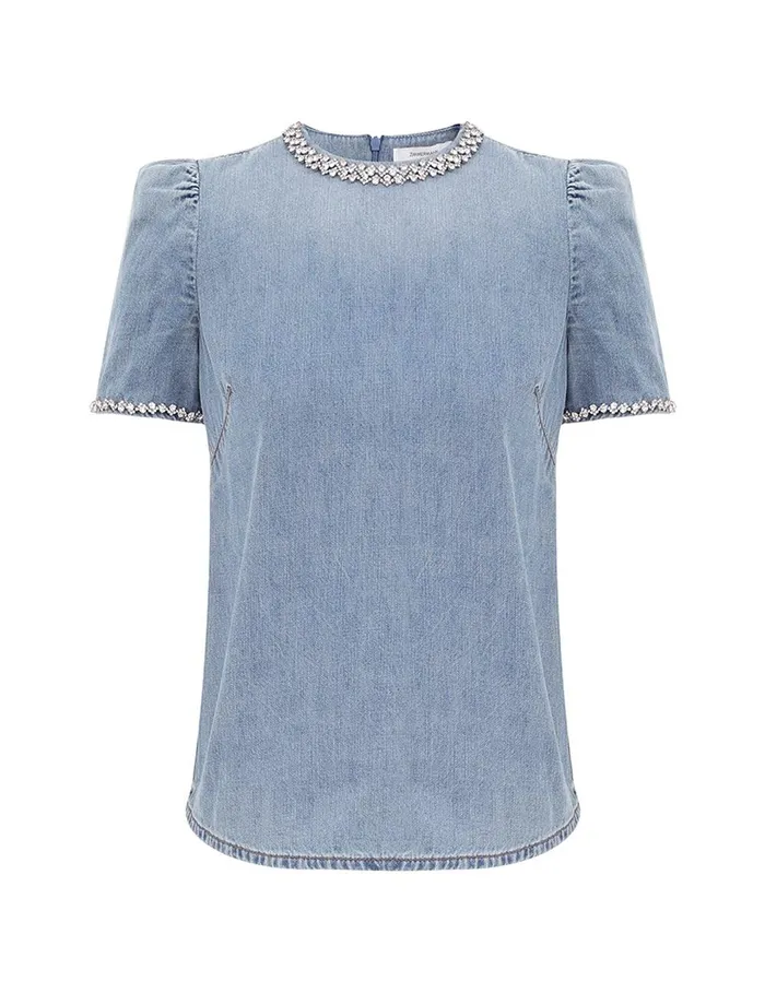 Women Tops Zimmermann Crush Embellished Denim Top Blue Moon