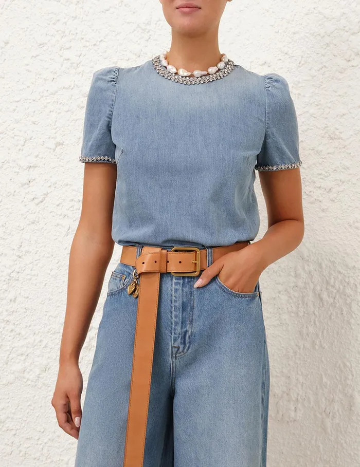 Women Tops Zimmermann Crush Embellished Denim Top Blue Moon
