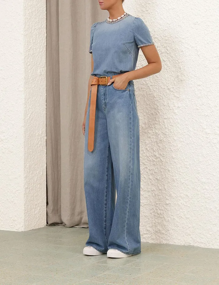 Women Tops Zimmermann Crush Embellished Denim Top Blue Moon
