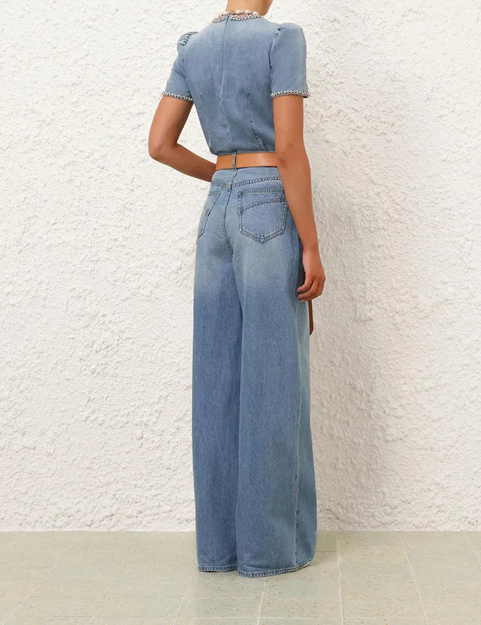 Women Tops Zimmermann Crush Embellished Denim Top Blue Moon