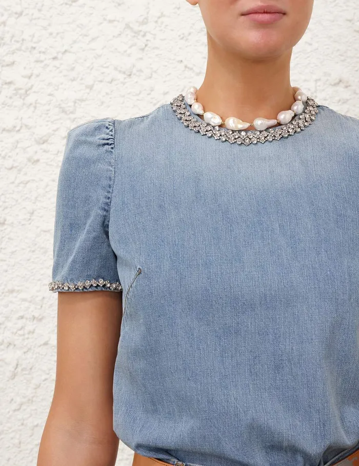 Women Tops Zimmermann Crush Embellished Denim Top Blue Moon