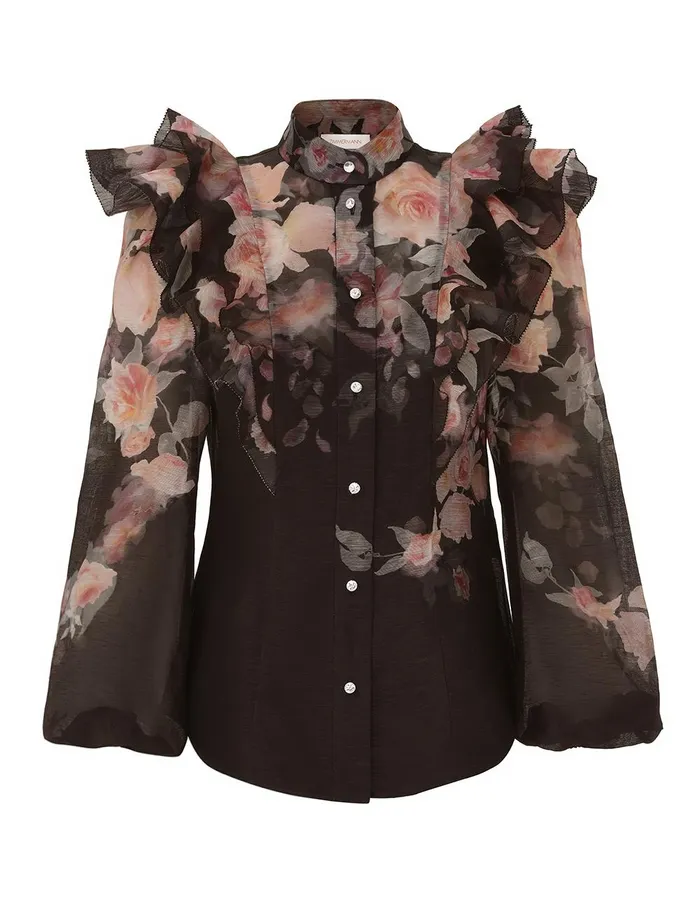 Women Tops Zimmermann Crush Frill Sleeve Blouse Black Floral