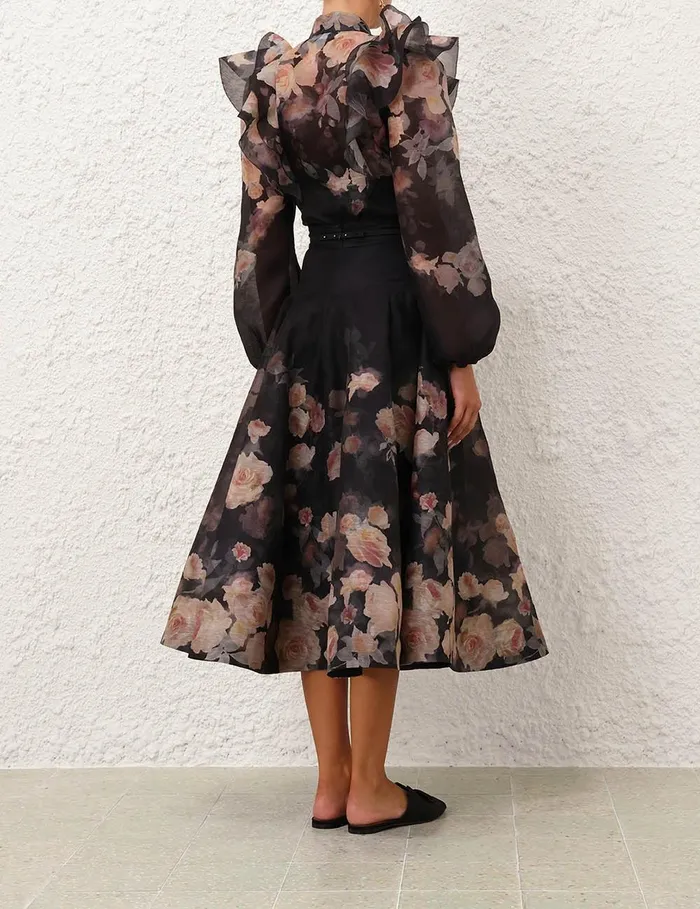 Women Tops Zimmermann Crush Frill Sleeve Blouse Black Floral