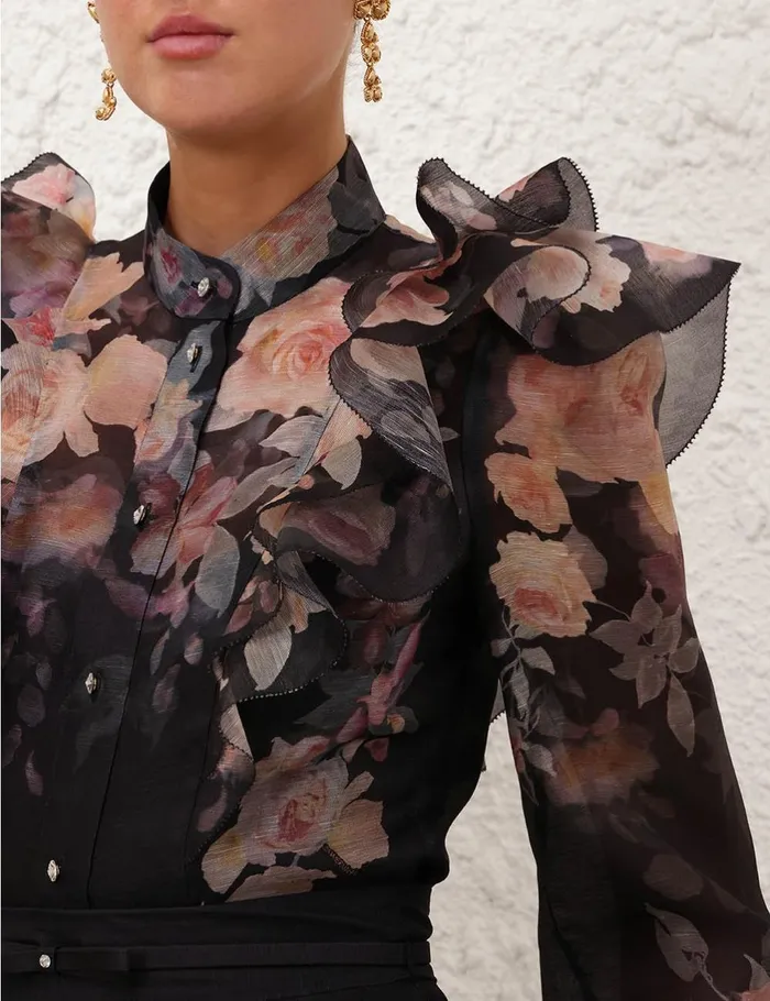 Women Tops Zimmermann Crush Frill Sleeve Blouse Black Floral
