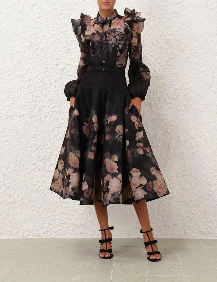 Women Tops Zimmermann Crush Frill Sleeve Blouse Black Floral