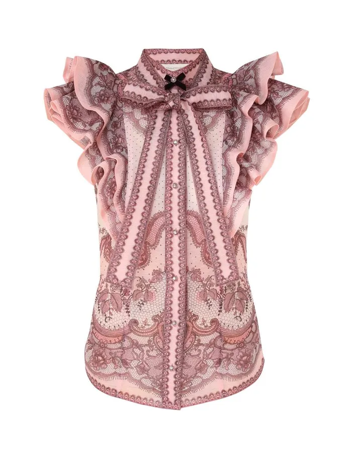 Women Tops Zimmermann Crush Frilled Fitted Blouse Pink Lace Print